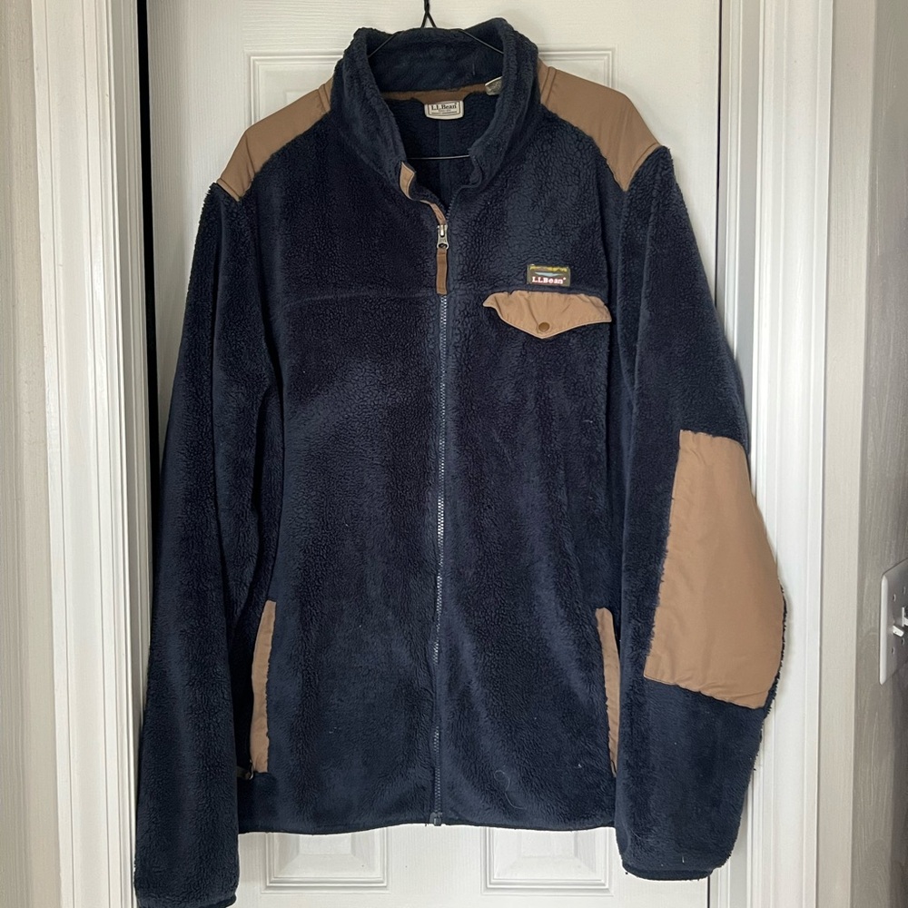 LL Bean Mens Size XXL Tall Deep Pile Fleece Jacket Full Zip Navy Blue T Snap
